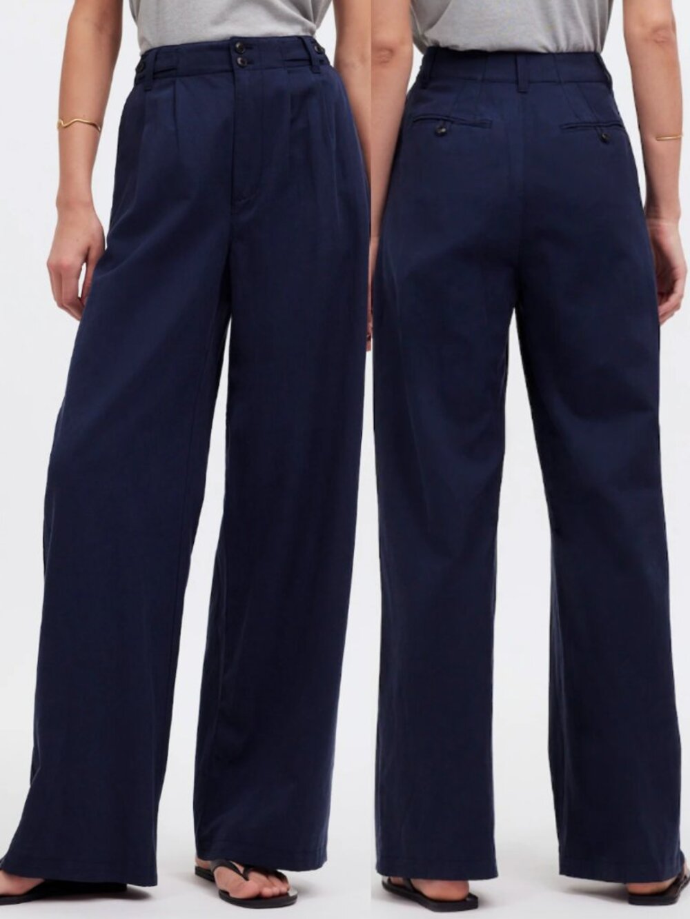 MADEWELL the Harlow Wide Leg Pant Navy Blue High Waisted High Rise Cotton Linen